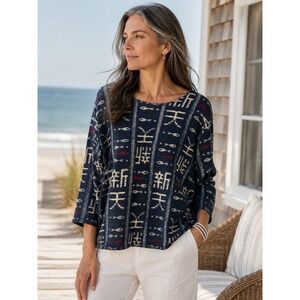 Chicos Design Top Women 2 L Blue Ribbed Fish Print Coastal Lagenlook Artsy